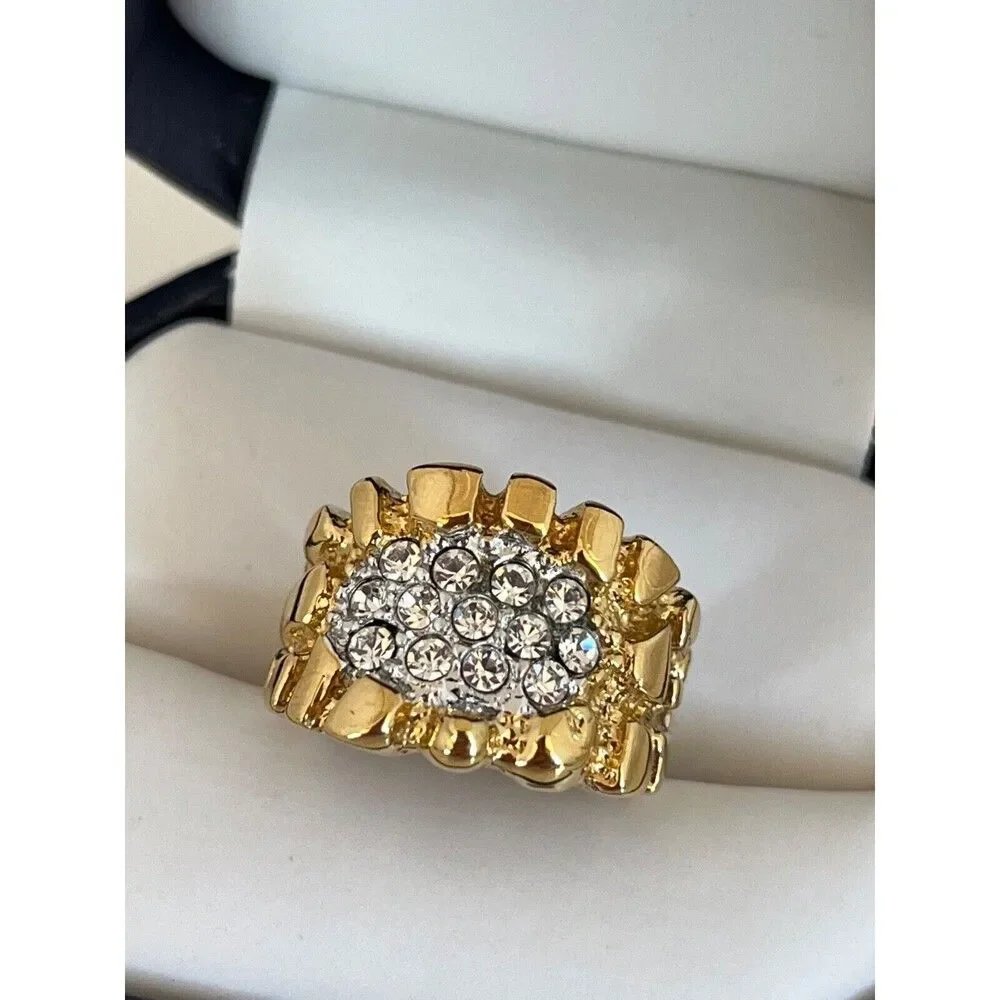 Vintage 1970s Uncas Nugget Ring Size 7  14KT Gold Plate Pave Crystal - 14O